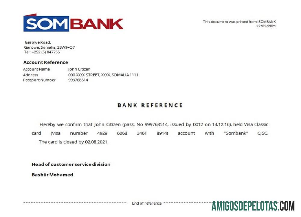 Referência de fechamento do Somália Sombank baixar para verificação